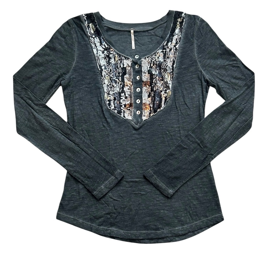 Free People Gray‎ Sequin Embellished Long Sleeve Henley Top Womens Small